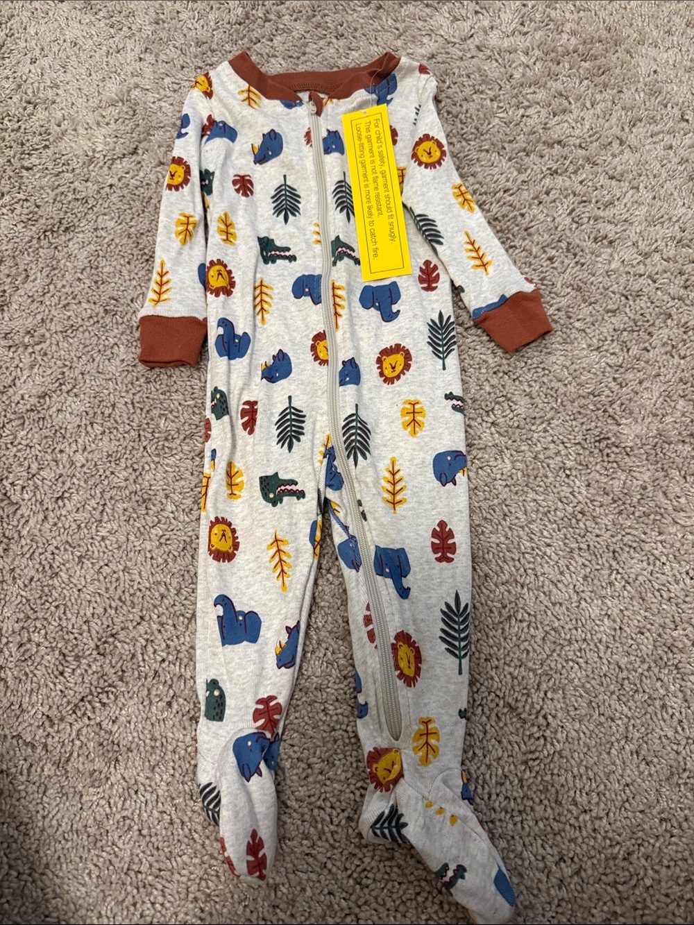 dip Cream Footed One-Piece with Blue, Yellow and Brown Jungle Animals 6/12M-NWT